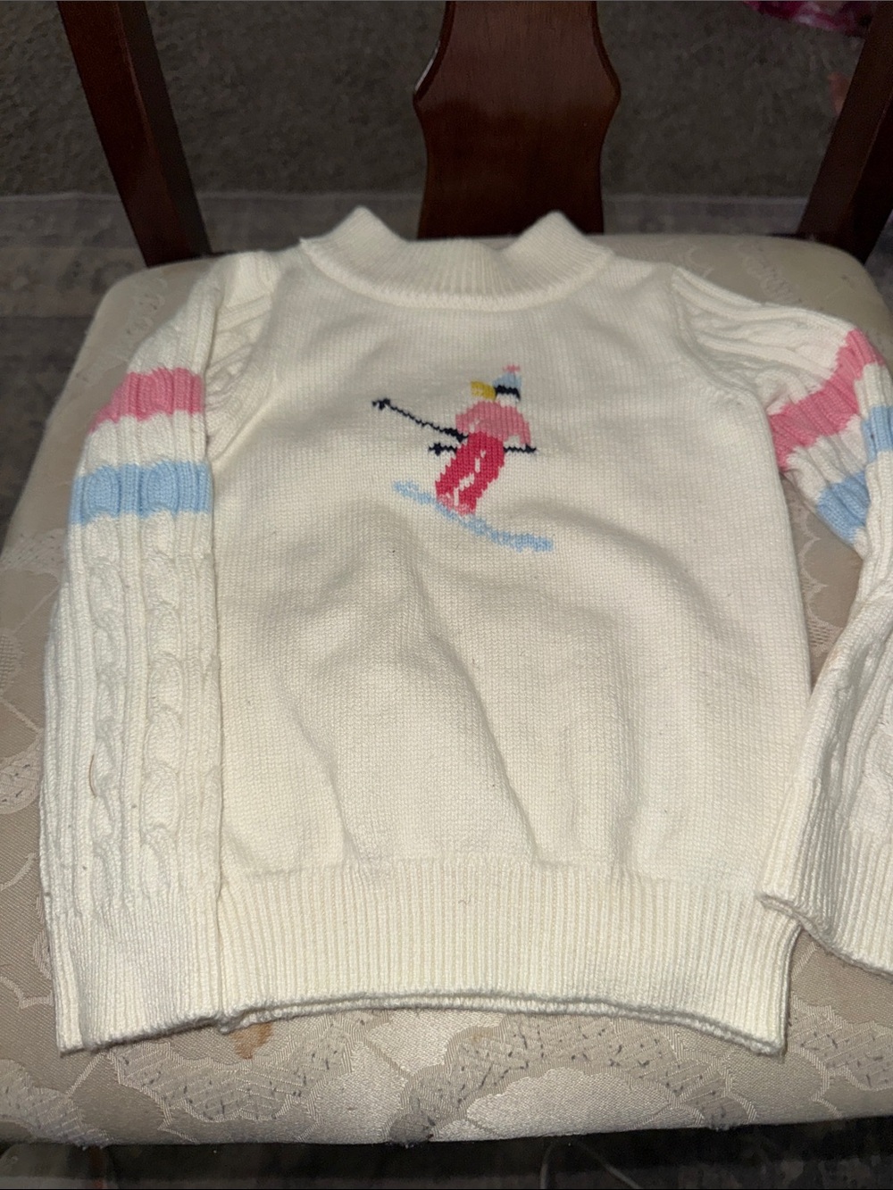Janie and Jack Cream Cable-Knit Sweater with Ski Motif and Pink & Blue Stripes